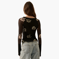 Floral-Print Mesh Raglan-Sleeve Henley Top