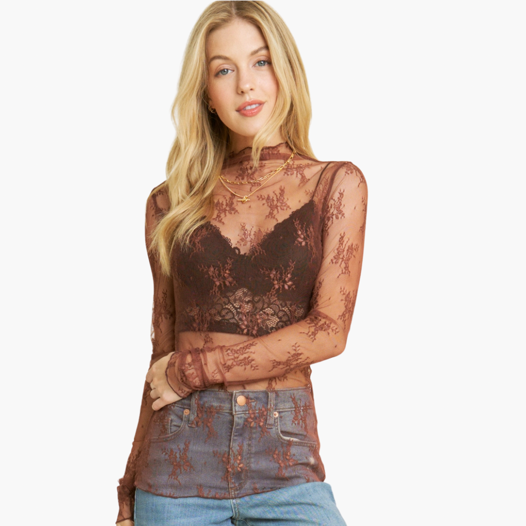 Brown Lace Mesh Top