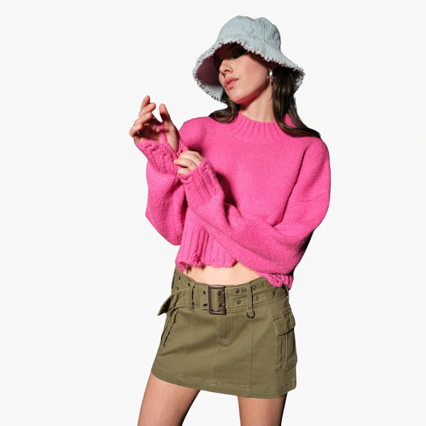 Pink Distressed Cropped Sweater