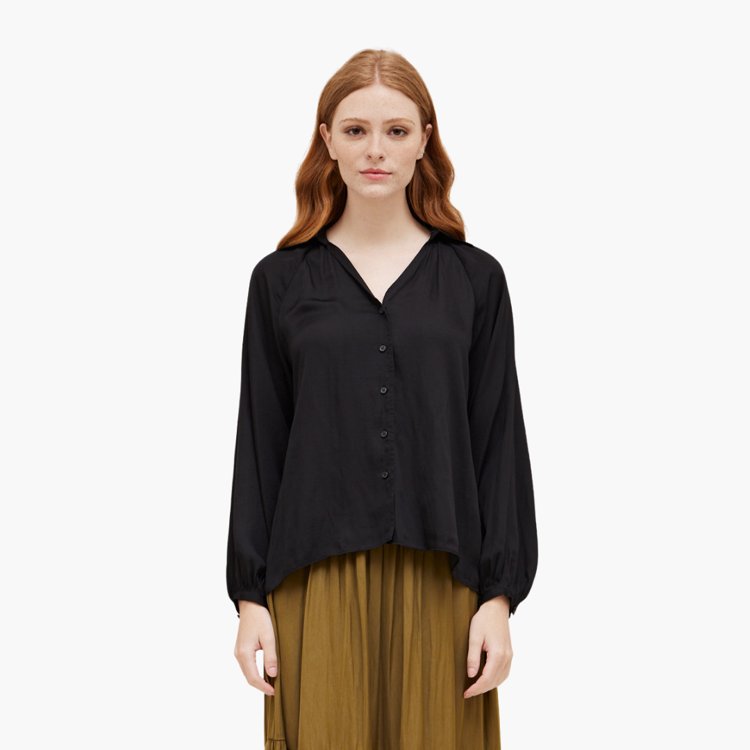 Black Collared Satin Button Down Blouse