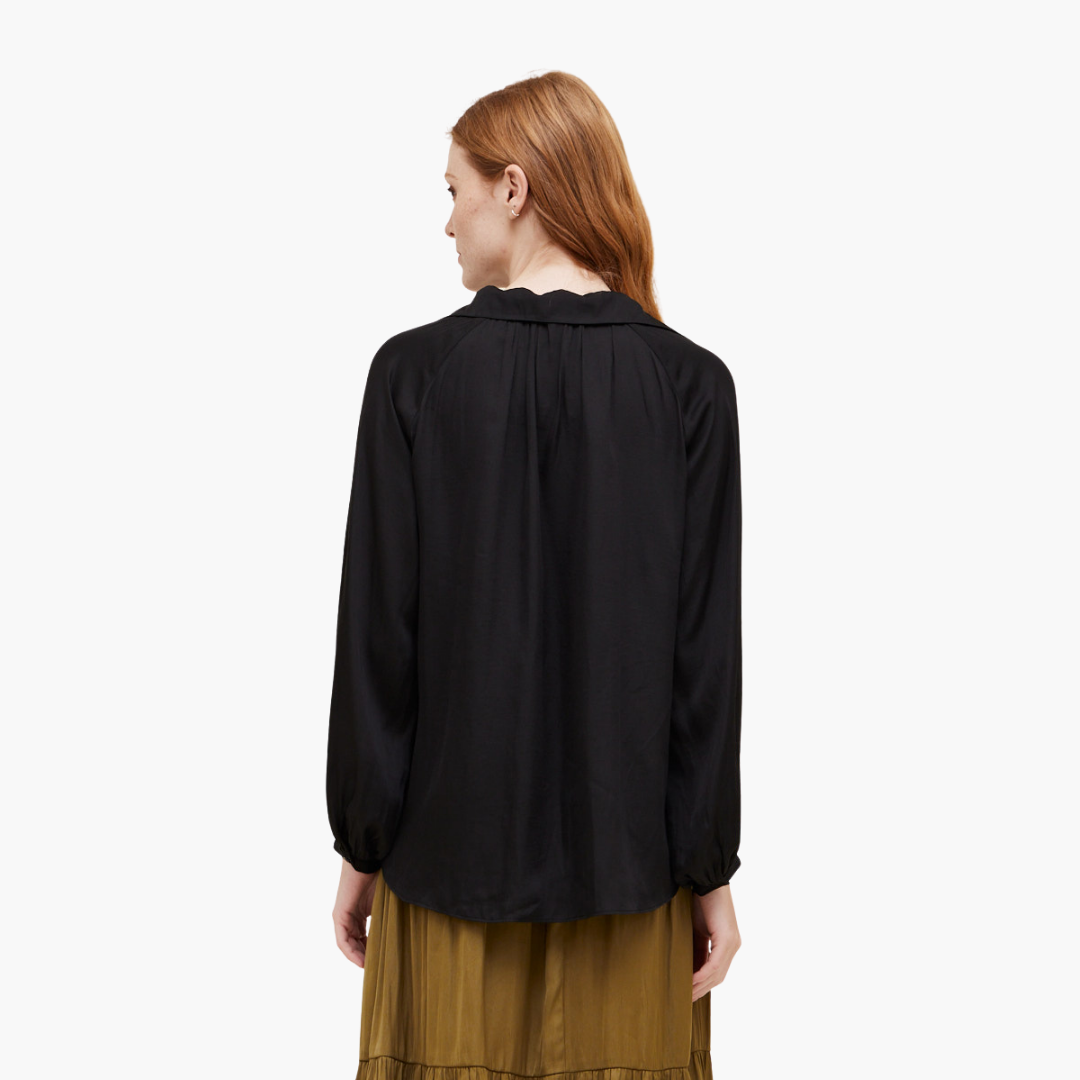 Black Collared Satin Button Down Blouse