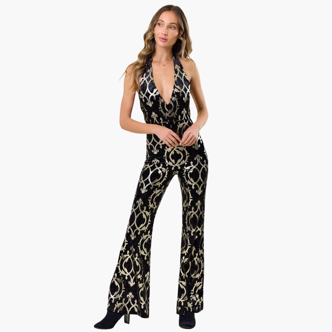 Velvet Foiled Print Halterneck Jumpsuit