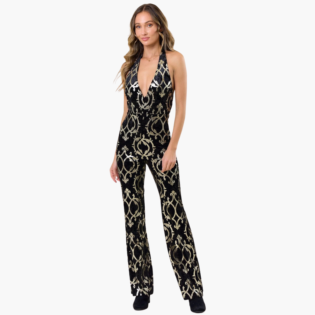 Velvet Foiled Print Halterneck Jumpsuit