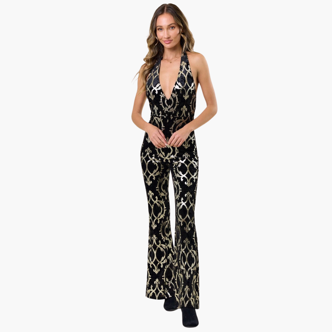 Velvet Foiled Print Halterneck Jumpsuit