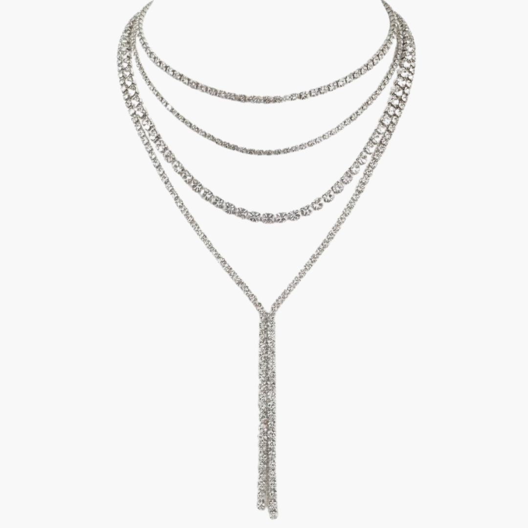 Silver Multi-Layered Rhinestone Y-Drop Necklace