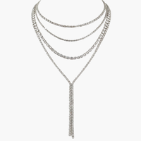 Silver Multi-Layered Rhinestone Y-Drop Necklace