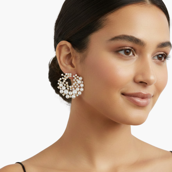 Gold-Tone Pearl and Crystal Cluster Stud Earrings