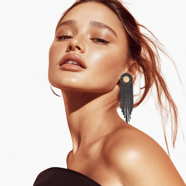 Black Rhinestone Fringe Tassel Earring