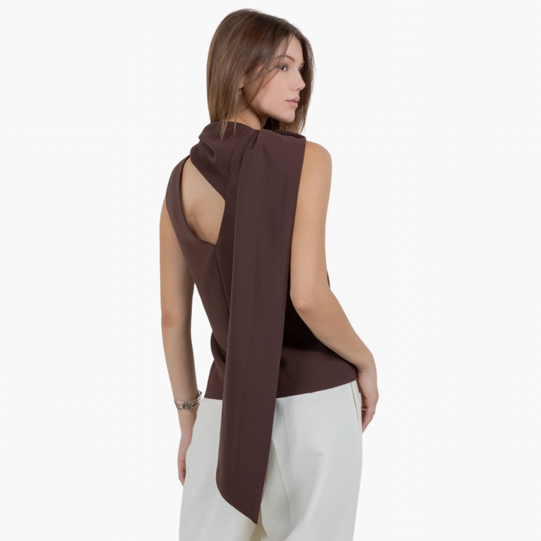 Brown Scarf-Detail Asymmetric Sleeveless Top
