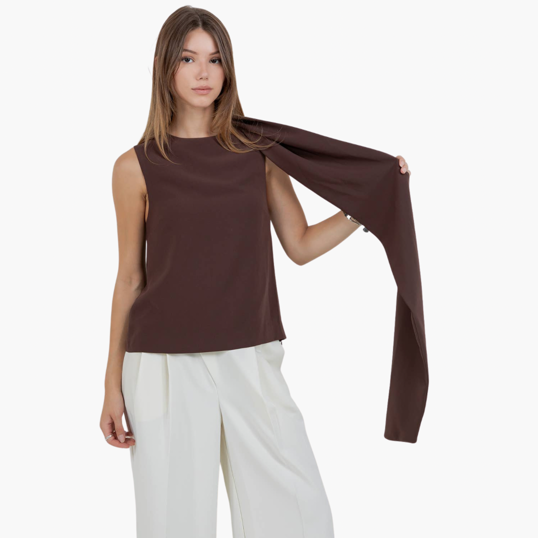 Brown Scarf-Detail Asymmetric Sleeveless Top