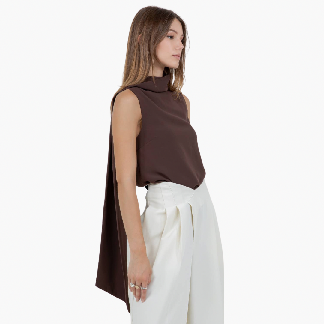 Brown Scarf-Detail Asymmetric Sleeveless Top