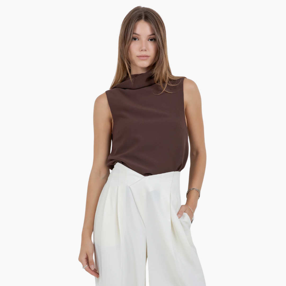 Brown Scarf-Detail Asymmetric Sleeveless Top