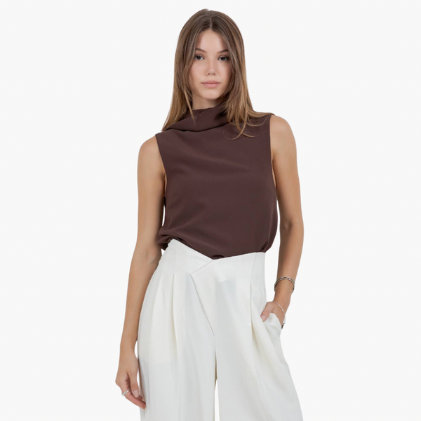 Brown Scarf-Detail Asymmetric Sleeveless Top
