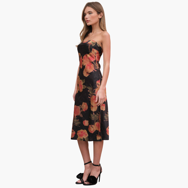 Satin Span Flower Strapless Dress