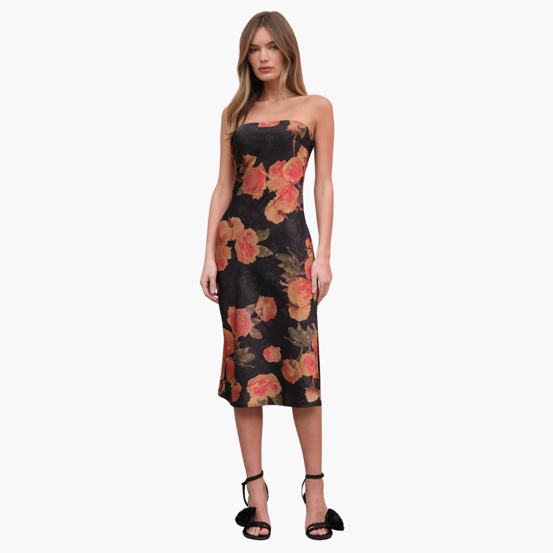 Satin Span Flower Strapless Dress