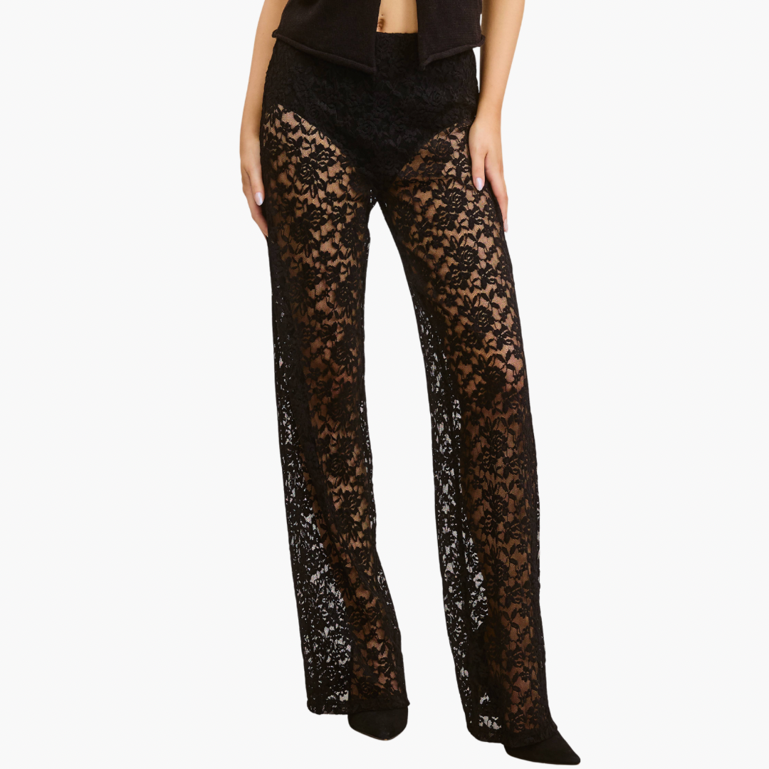 Black High Waist Sheer Lace Trousers