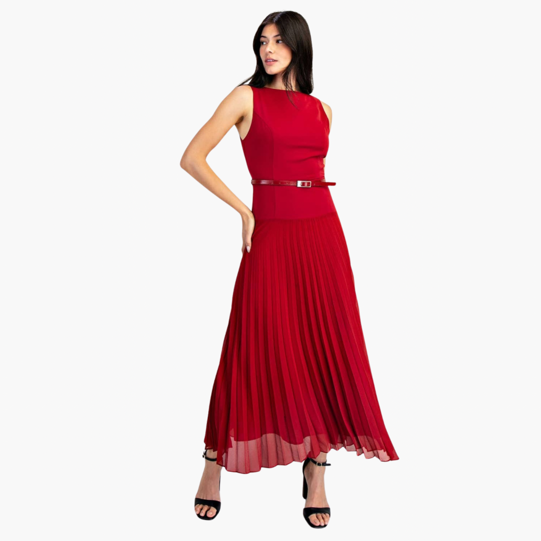 Chiffon Pleated Maxi Dress with Belt