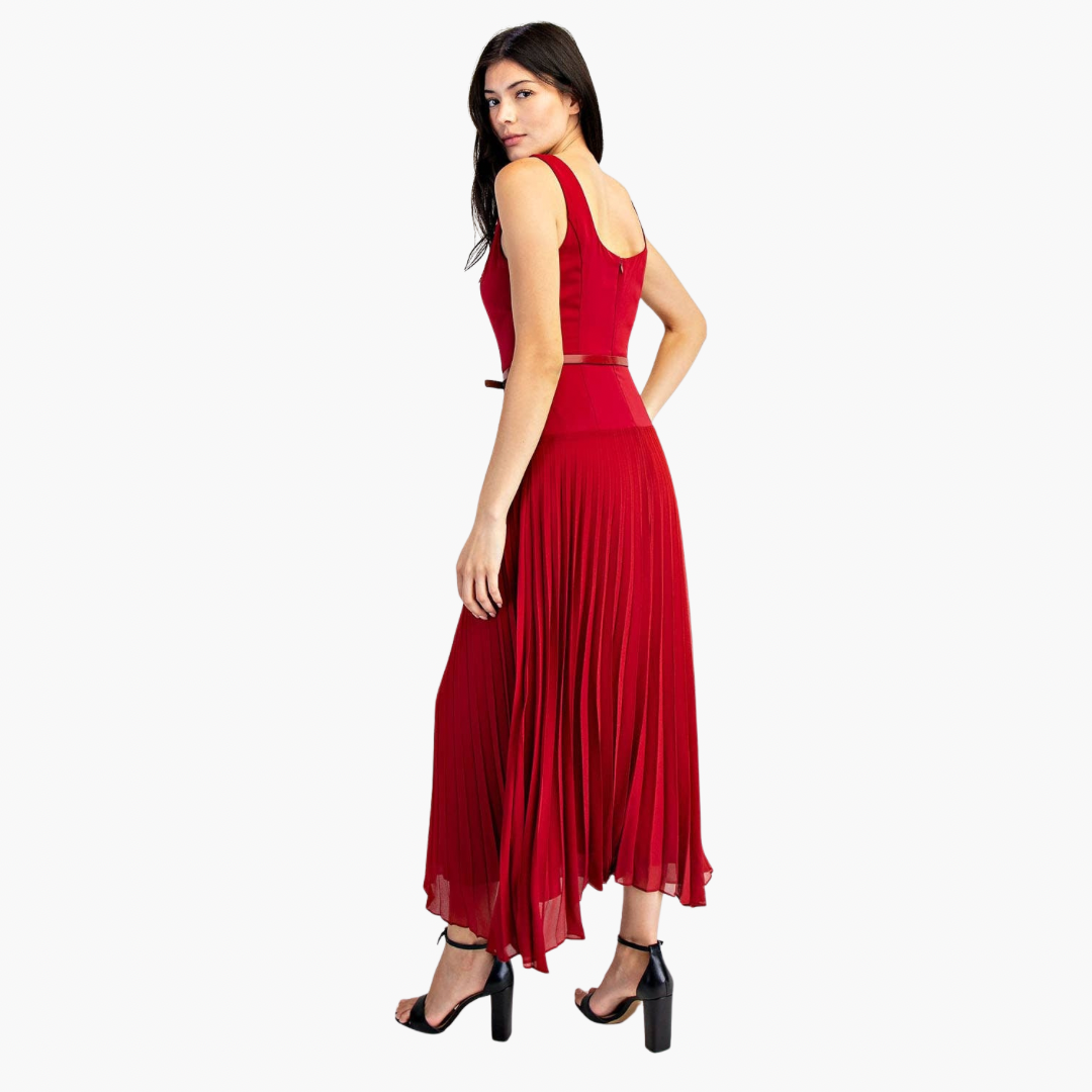 Chiffon Pleated Maxi Dress with Belt