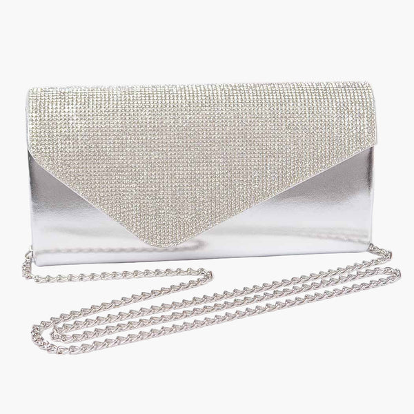 Silver rhinestone clutch bag with chain strap