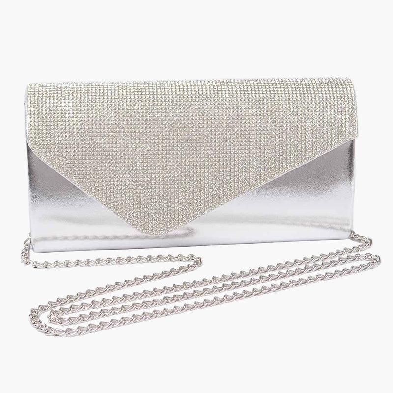 Silver rhinestone clutch bag with chain strap