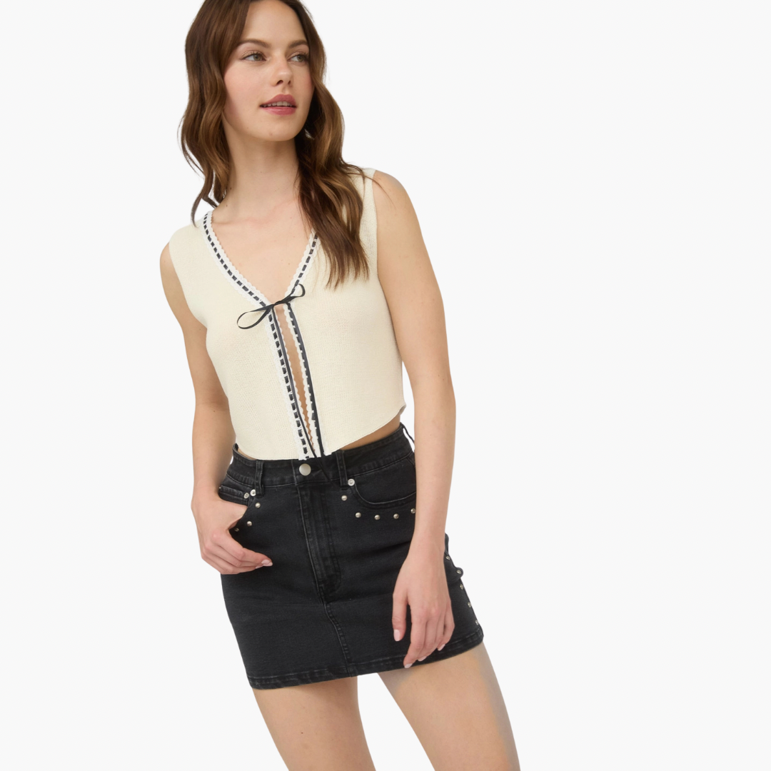 Black Stud Detail Denim Mini Skirt