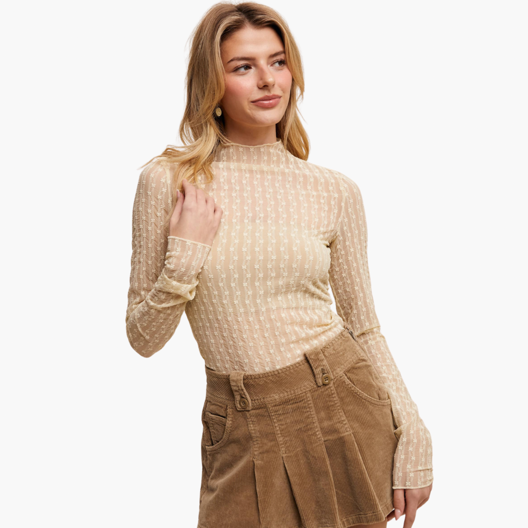 Semi Sheer Textured Lace Long-Sleeve Layering Top