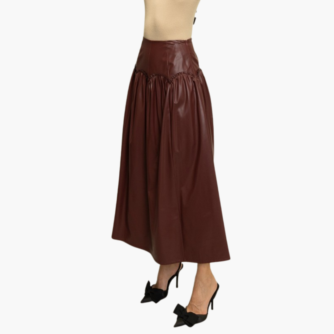 Bordeaux Faux Leather Gathered Midi Skirt