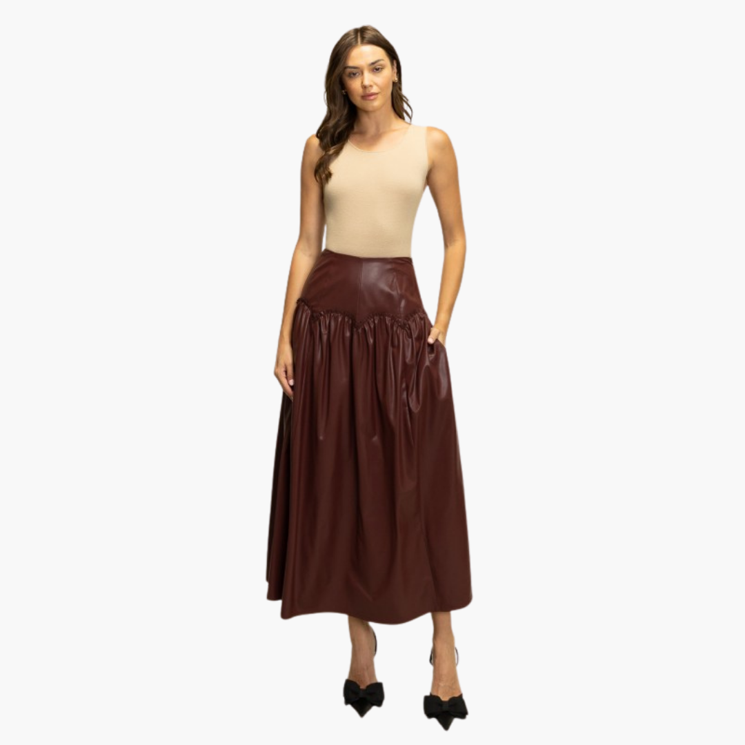Bordeaux Faux Leather Gathered Midi Skirt
