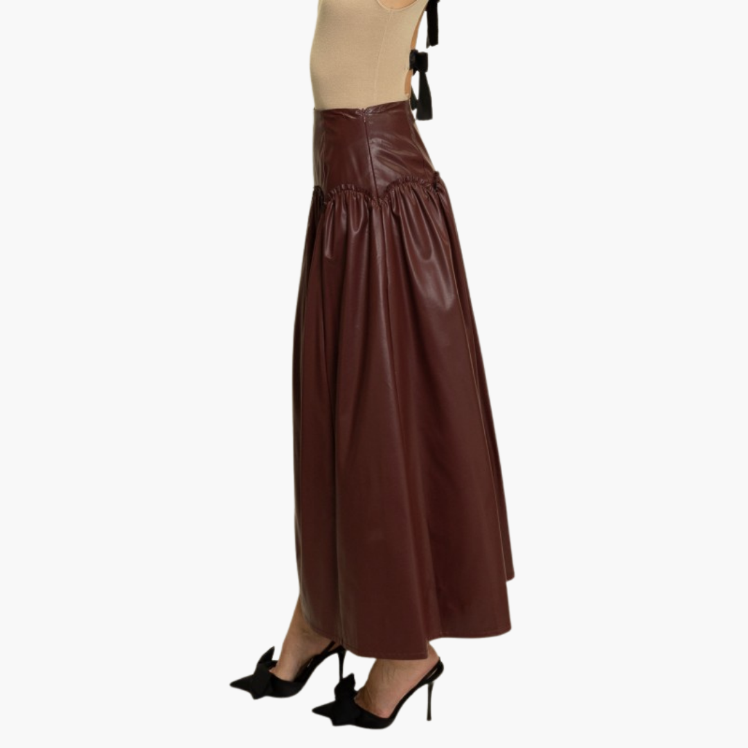 Bordeaux Faux Leather Gathered Midi Skirt