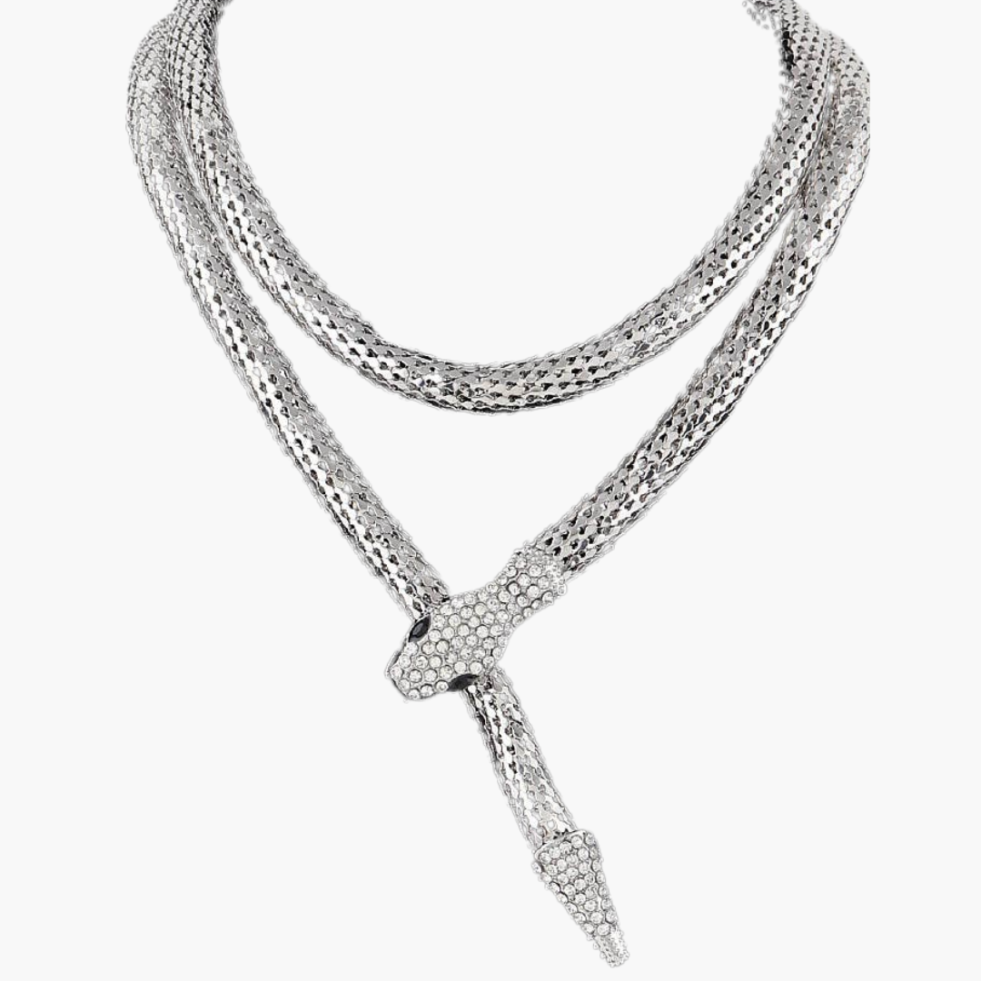 Jeweled Snake Wrap Necklace - Silver