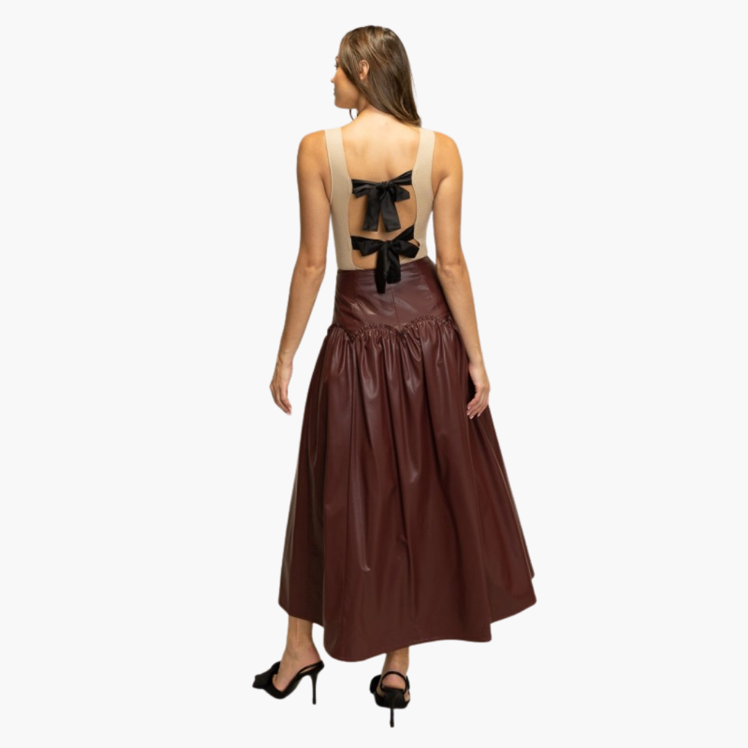 Bordeaux Faux Leather Gathered Midi Skirt