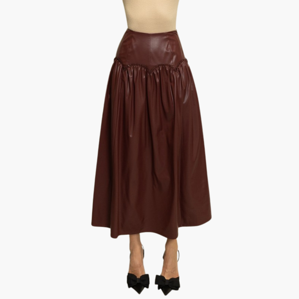 Bordeaux Faux Leather Gathered Midi Skirt
