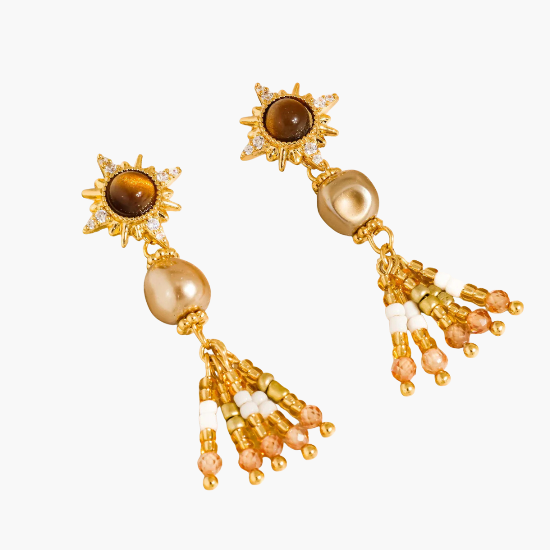 Lalique 18K Gold Vintage Pearl Sunburst Drop Earrings