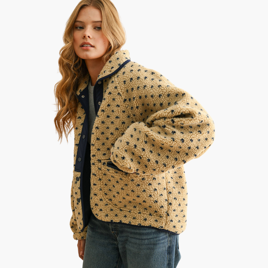 Beige Button Front Pattern Sherpa Jacket