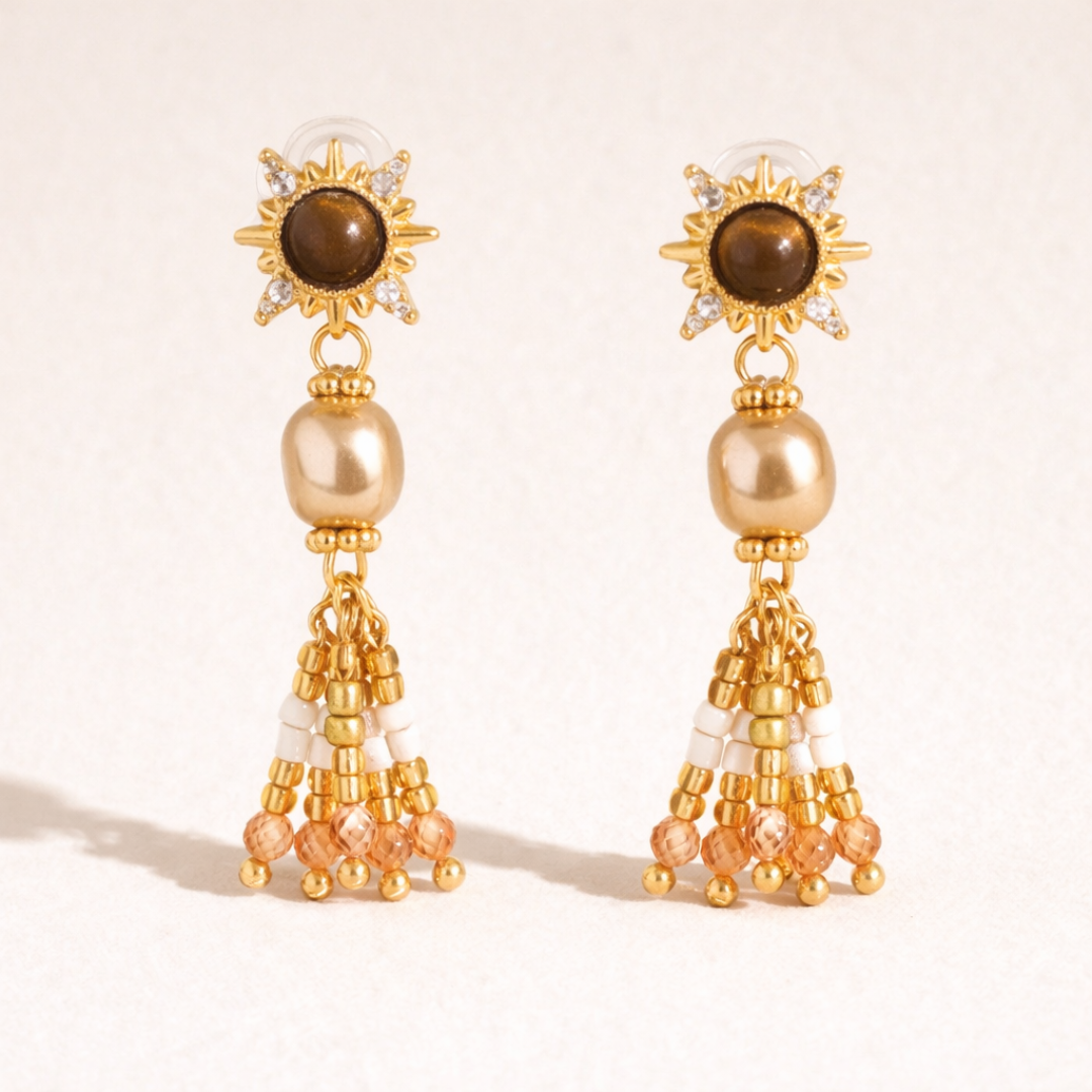 Lalique 18K Gold Vintage Pearl Sunburst Drop Earrings
