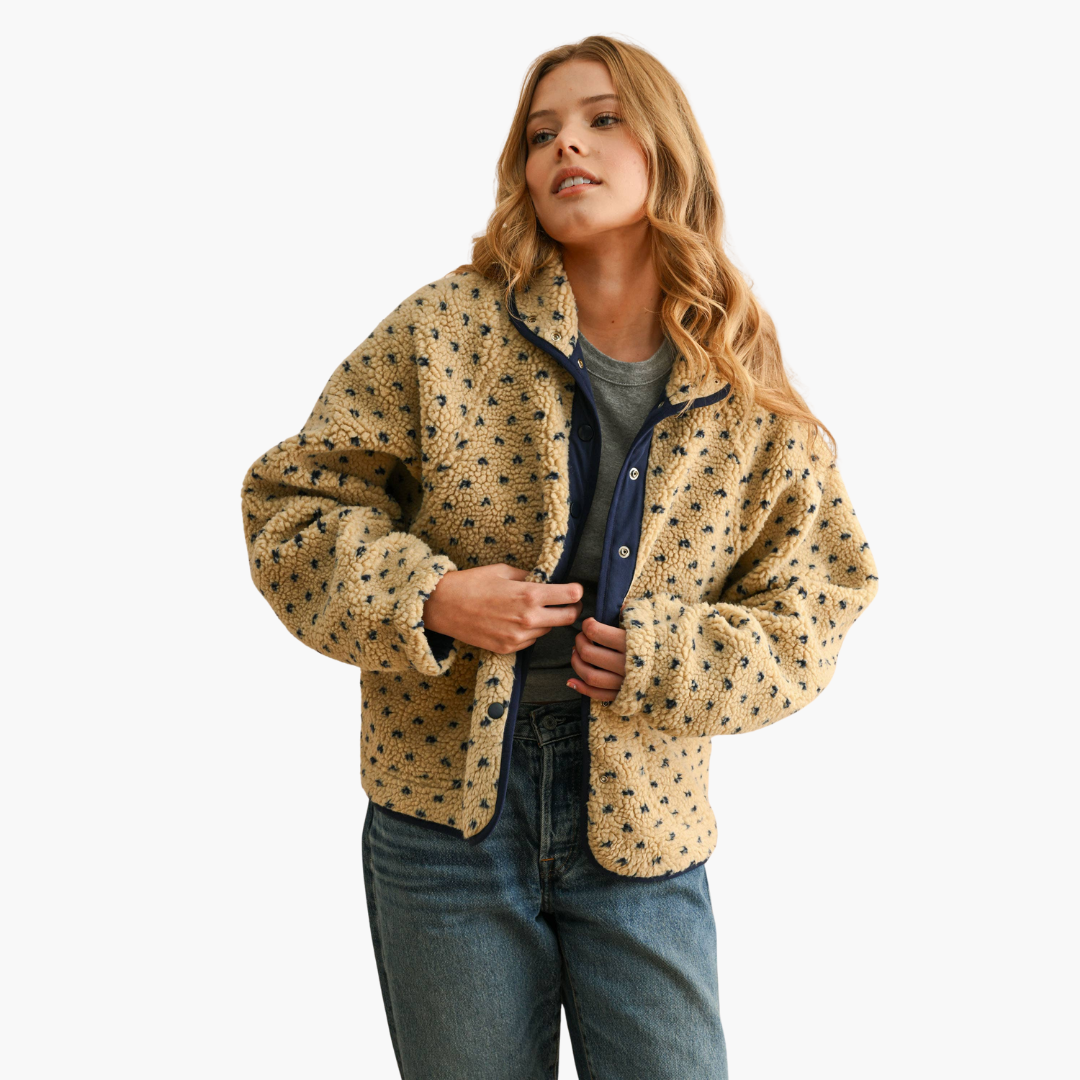 Beige Button Front Pattern Sherpa Jacket