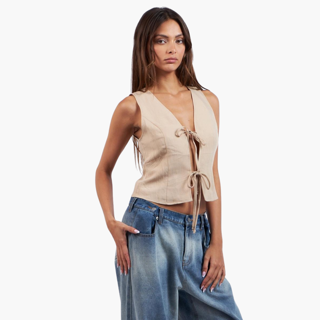 V-Neck Front Double Ties Crop Top