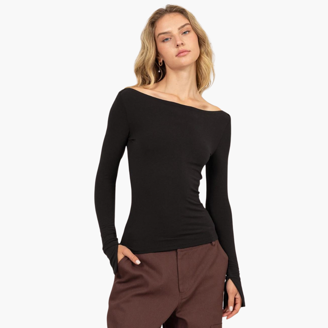 Black Boat Neck Long Sleeve Top