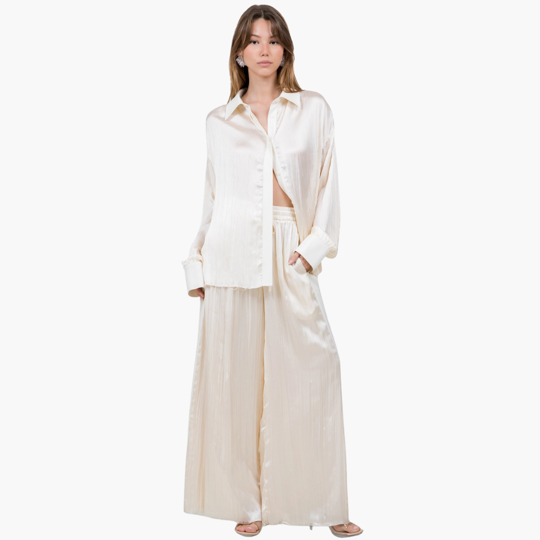 Ecru Satin Crinkled Drawstring Pants