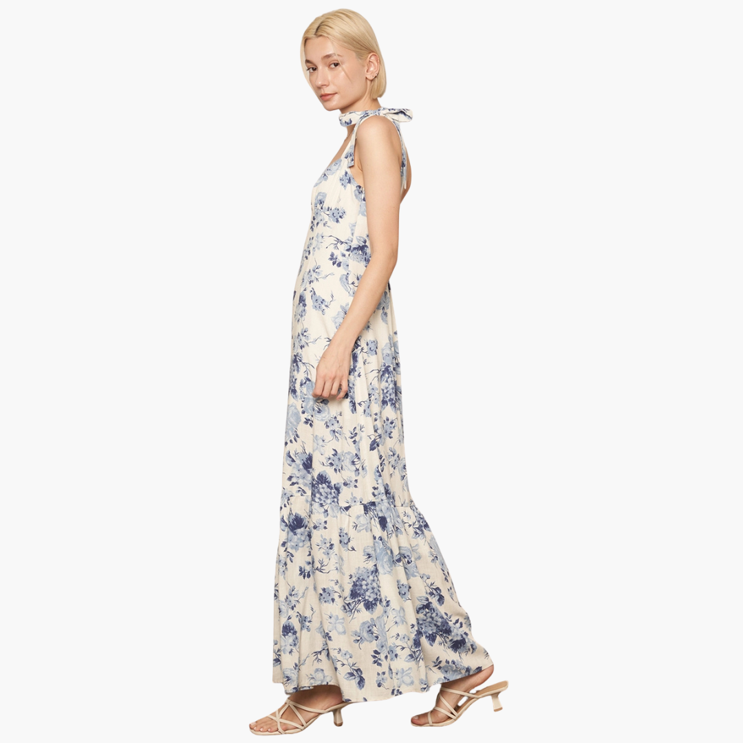 Sleeveless Shoulder Tie Floral Print Maxi Dress