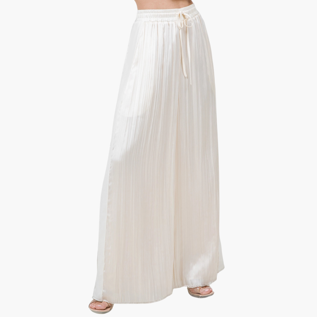 Ecru Satin Crinkled Drawstring Pants