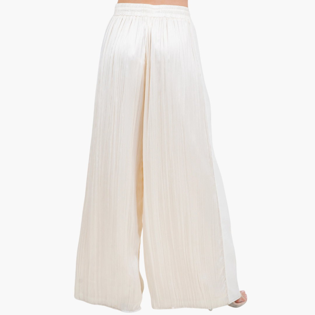 Ecru Satin Crinkled Drawstring Pants