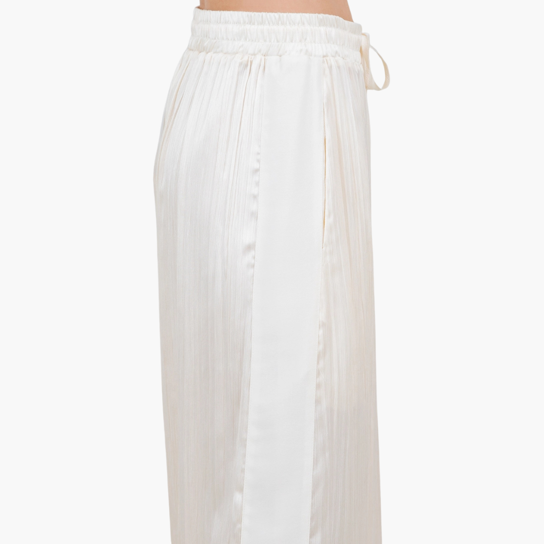 Ecru Satin Crinkled Drawstring Pants