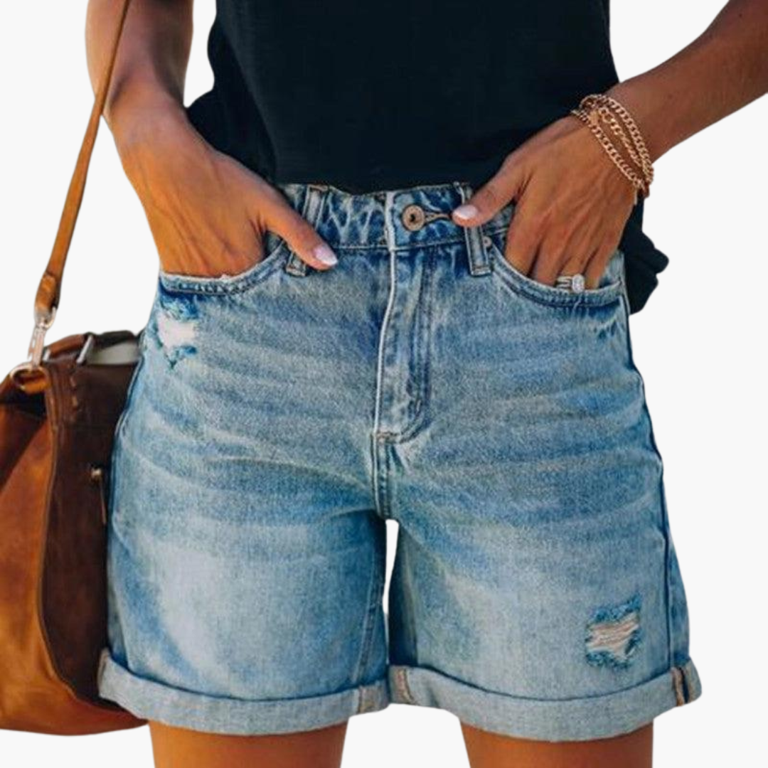 High Waist Folded Hem Denim Shorts