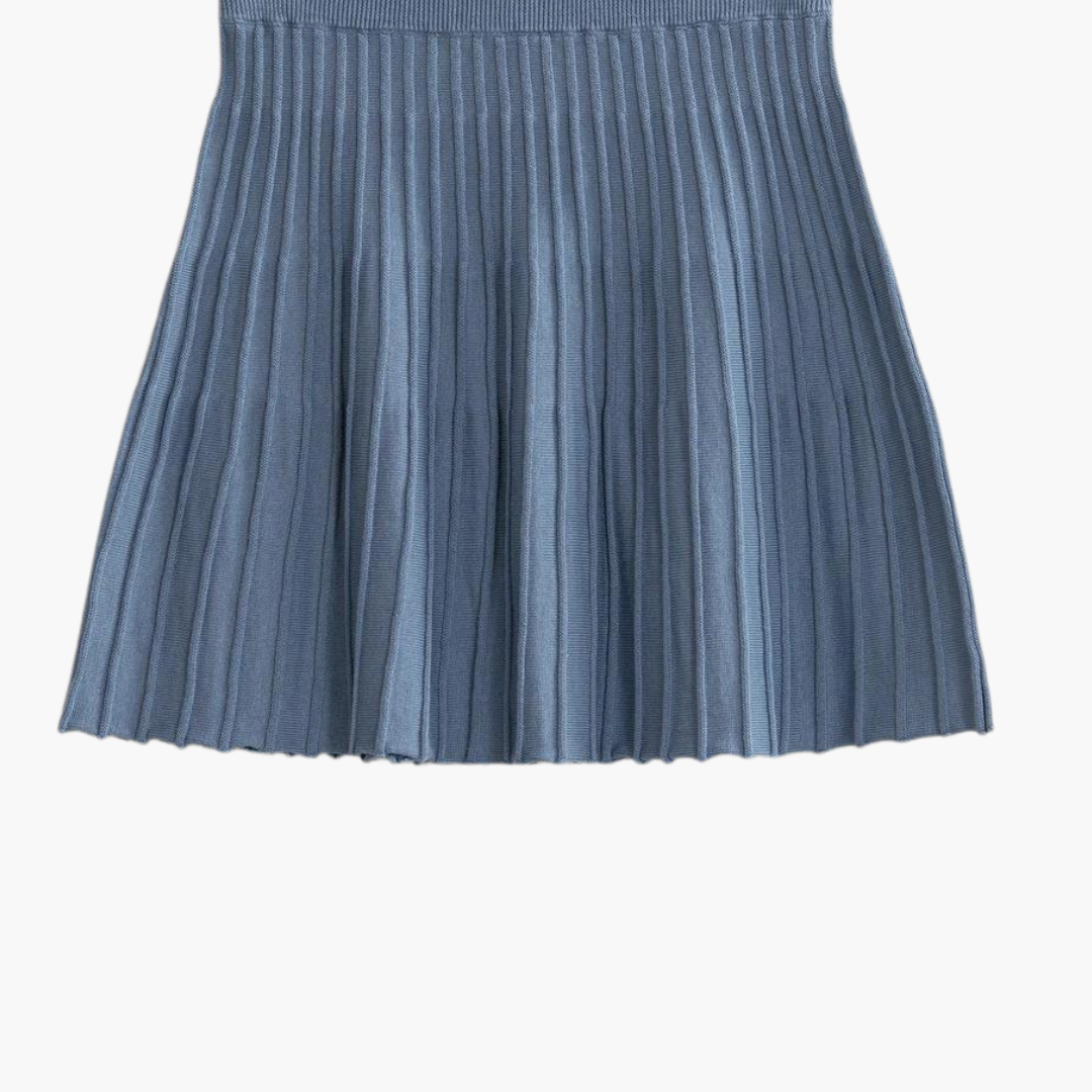 Gray Blue Knit Pleated Flare Mini Skirt