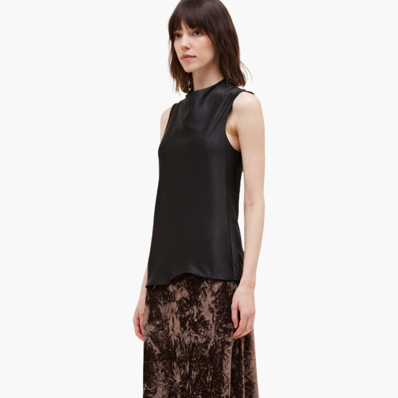 Black Solid Shirred Satin Top