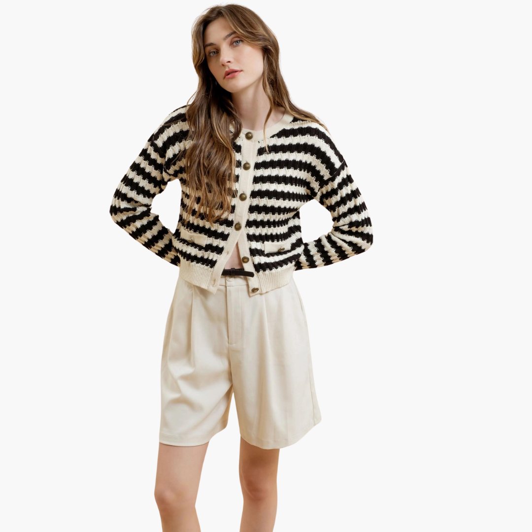 Stripe Crew Neck Knit Cardigan