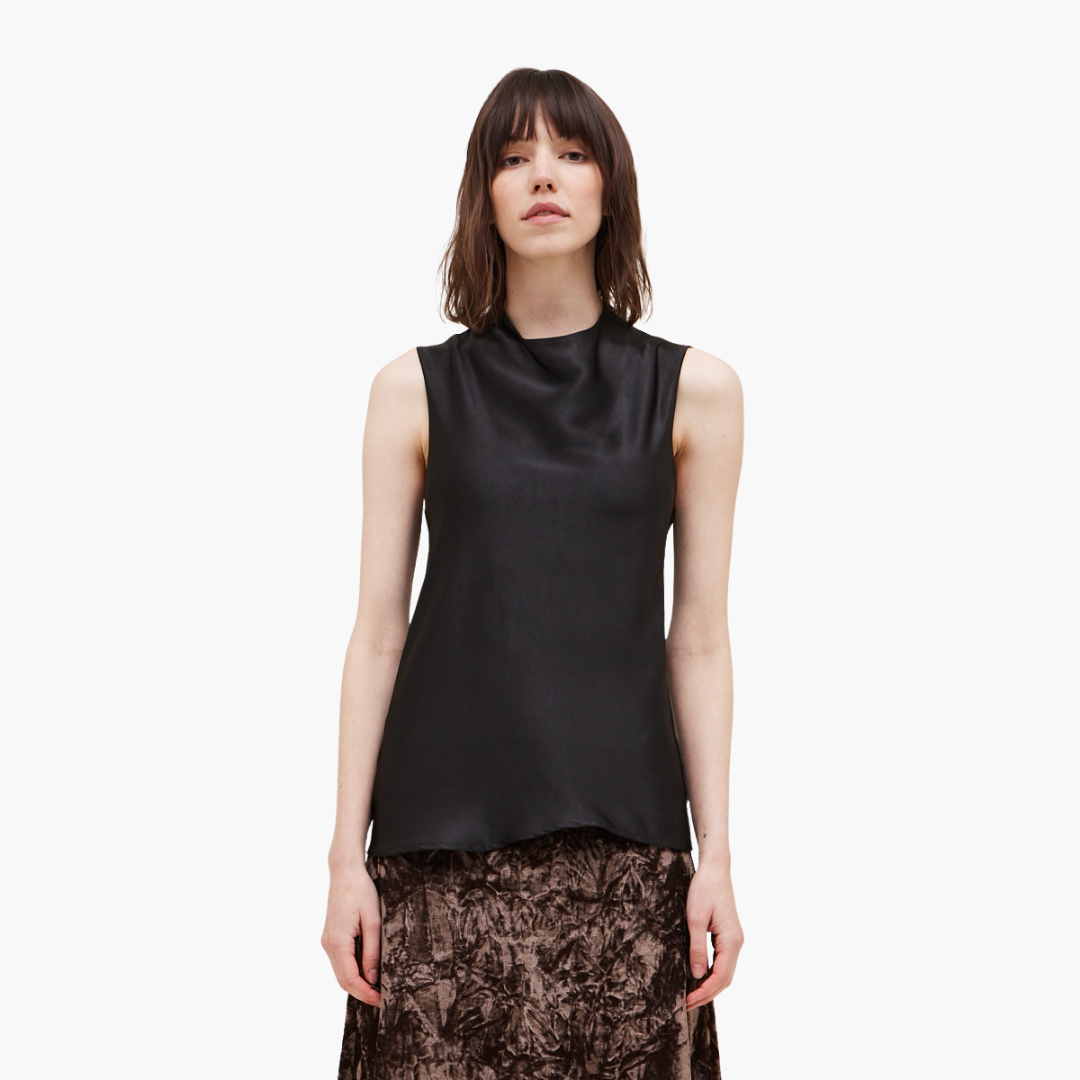 Black Solid Shirred Satin Top