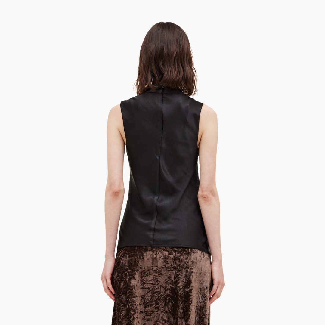 Black Solid Shirred Satin Top