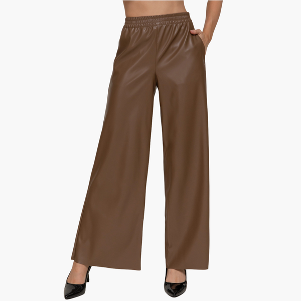 Brown Straight Faux Leather Long Pants